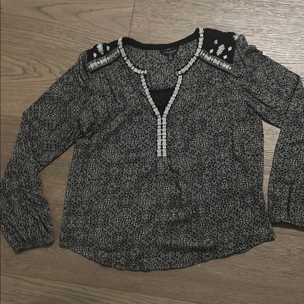 Lucky Brand Black and White Embellished Long Sleeve Blouse